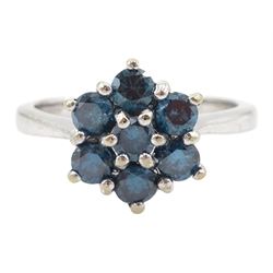 18ct white gold seven stone, round brilliant cut blue diamond flower head cluster ring, ha...
