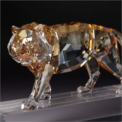 Swarovski, Endangered Wildlife, Tiger and two cubs, each with box, together with glass stands 