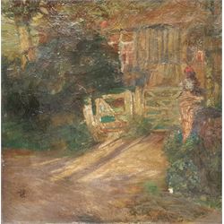 French School (Early 20th century): 'Camille at the Gate', oil on canvas indistinctly signed, information verso 46cm x 46cm