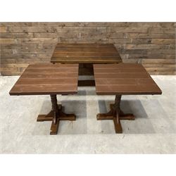 Single oak rectangular table on turned supports joined by a single stretcher (W110cm, D80cm, H75cm) and two similar square pedestal tables (W70cm, D70cm, H76cm) (3)