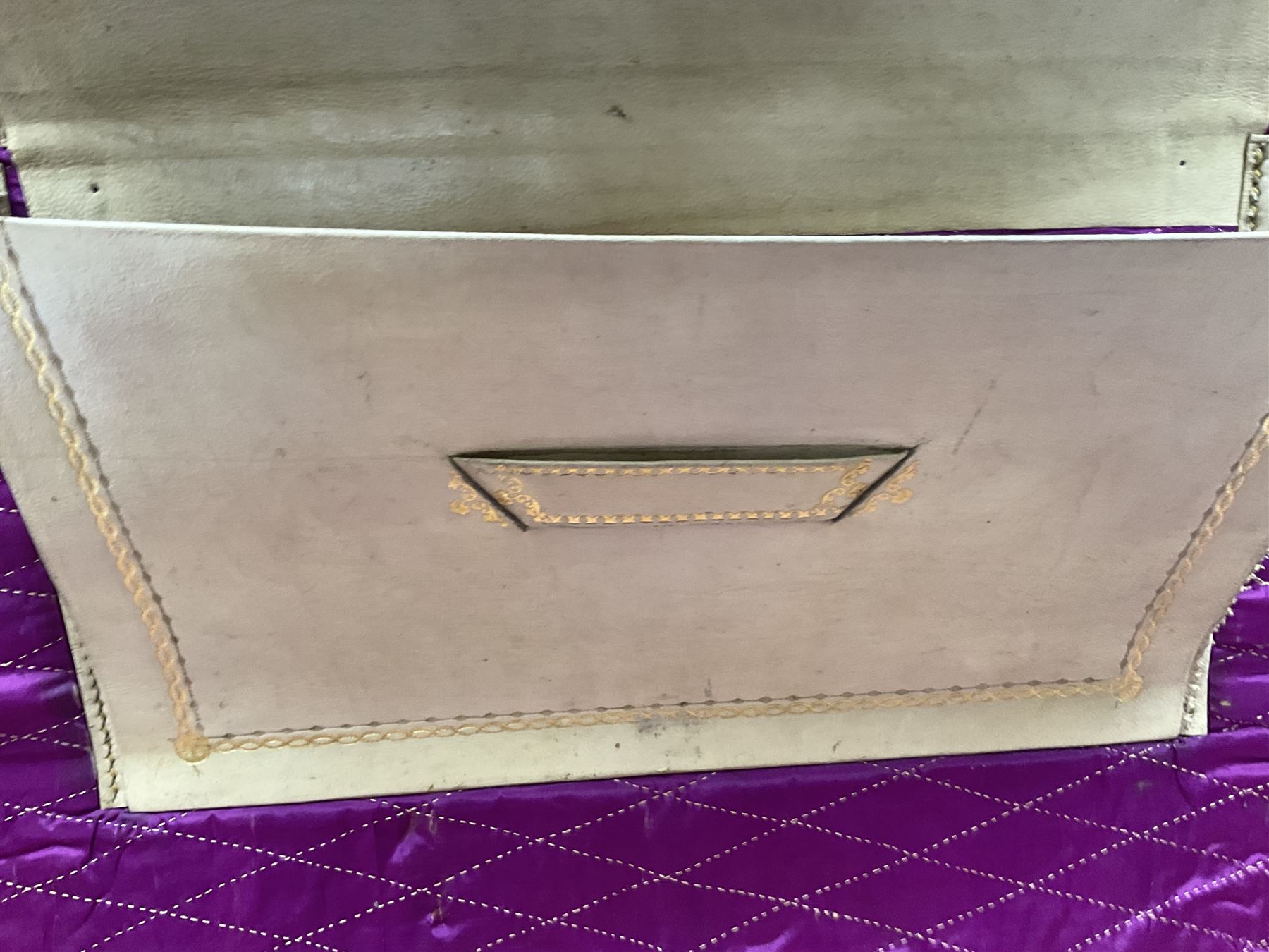 19th century leather suitcase, with brass plaque to cover engraved 'C R F Lutwidge Esq', the pink silk and white kid leather interior with pouch and edging impressed with gilt lettering reading 'By Appointment of Prince of Wales J W Allen 37 Strand Maker Prize Medal Awarded', H21cm, W73cm, Notes: Charles R. Fletcher Lutwidge, was mayor of Tunbridge Wells between 1895-1898, and again between 1901-1902