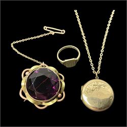 9ct gold signet ring, hallmarked, a gold plated locket, stamped 9ct back and front, and a purple paste pinchbeck brooch
