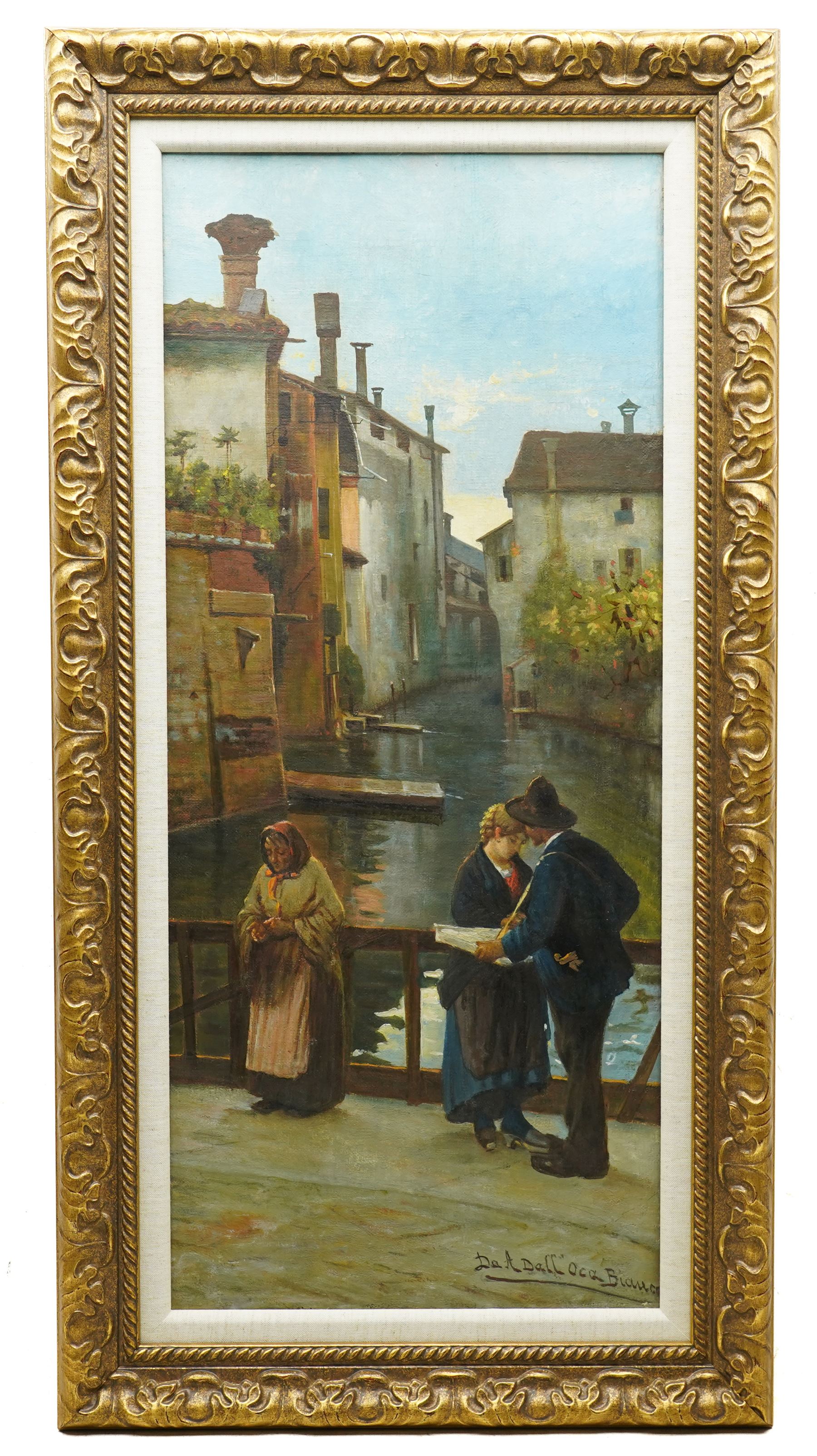 After Angelo Dall’Oca Bianca (Italian 1858-1942): Figures on a Street in Venice, oil on canvas bearing signature 74cm x 32cm