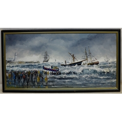  Robert Sheader (British 20th century): Salvaging a Wreck on the South Bay Scarborough, oil on board signed 30cm x 60cm  