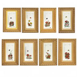 Set of eight early/mid 20th century oak framed 'Gypsy' mirrors, each of rectangular form, the mirror plates decorated with acid etched and cut fruiting vines and reverse painted flowering urns and butterflies, overall 82.5cm x 52cm