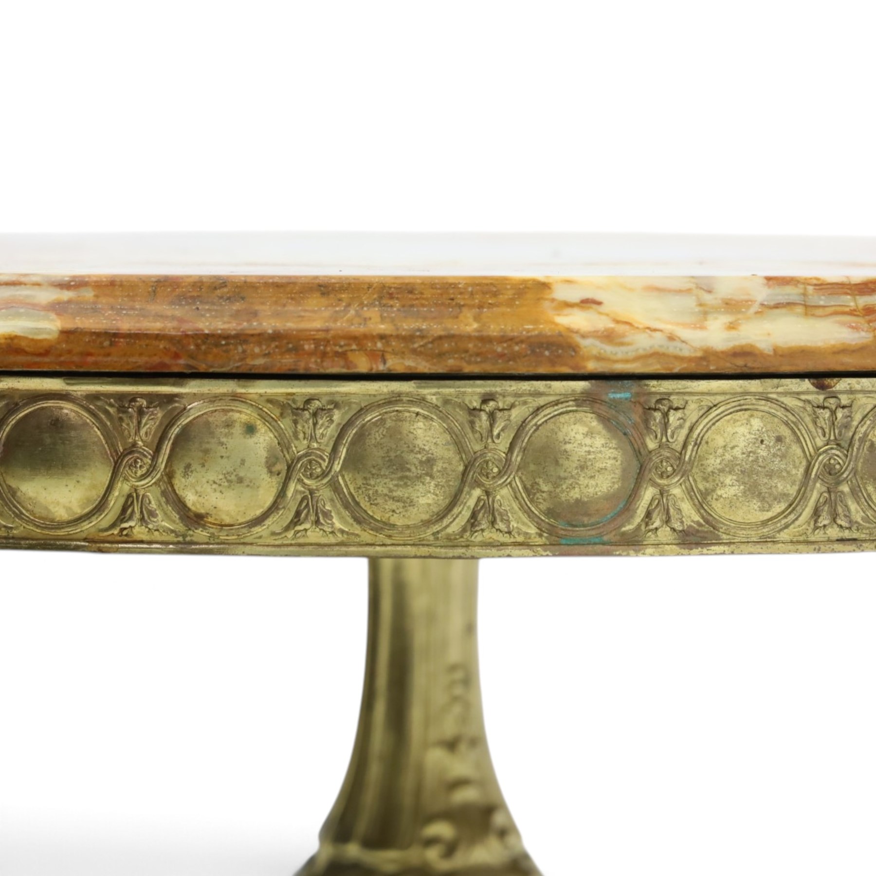 Victorian design marble topped gilt metal coffee table, circular cream and orange veined marble top with moulded edge, cast frieze with repeating roundel decoration, raised on a three scrolled supports 