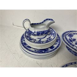 Mintons Delft blue and white dinner wares, to include three graduating oval platters, six dinner plates, six dessert plates and six side plates, tureen with cover and two sauce boats