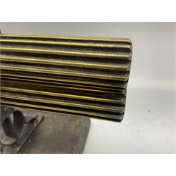 Victorian cuff and collar tabletop mangle, the ribbed brass rollers in a cast iron frame mounted on a wooden base