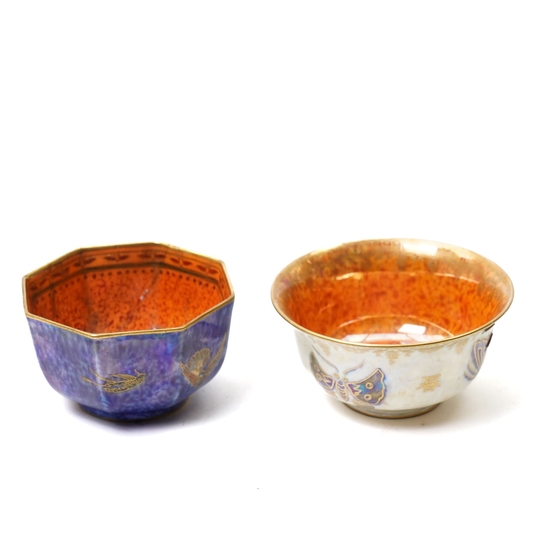 Wedgwood Fairyland lustre bowls, designed by Daisy Makeig-Jones, featuring the Hummingbird and Butterfly patterns, each with gilt stamp and painted pattern numbers Z4832 and Z5294, D10cm and D8.5cm (2)
Notes: please see condition report.
