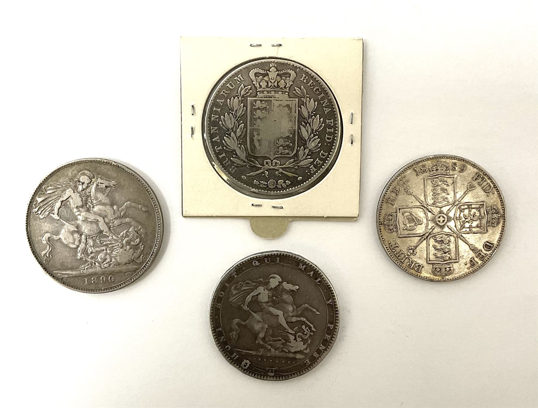 King George III 1920 crown, Queen Victoria 1845 and 1890 crown coins and a Queen Victoria 1889 double florin (4)