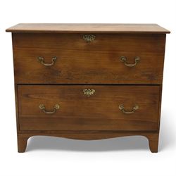 18th century style oak mule chest, the hinged rectangular top opening to a plain interior, above a lower section fitted with two long drawers with brass swan neck handles and shaped escutcheons, upon shaped bracket feet