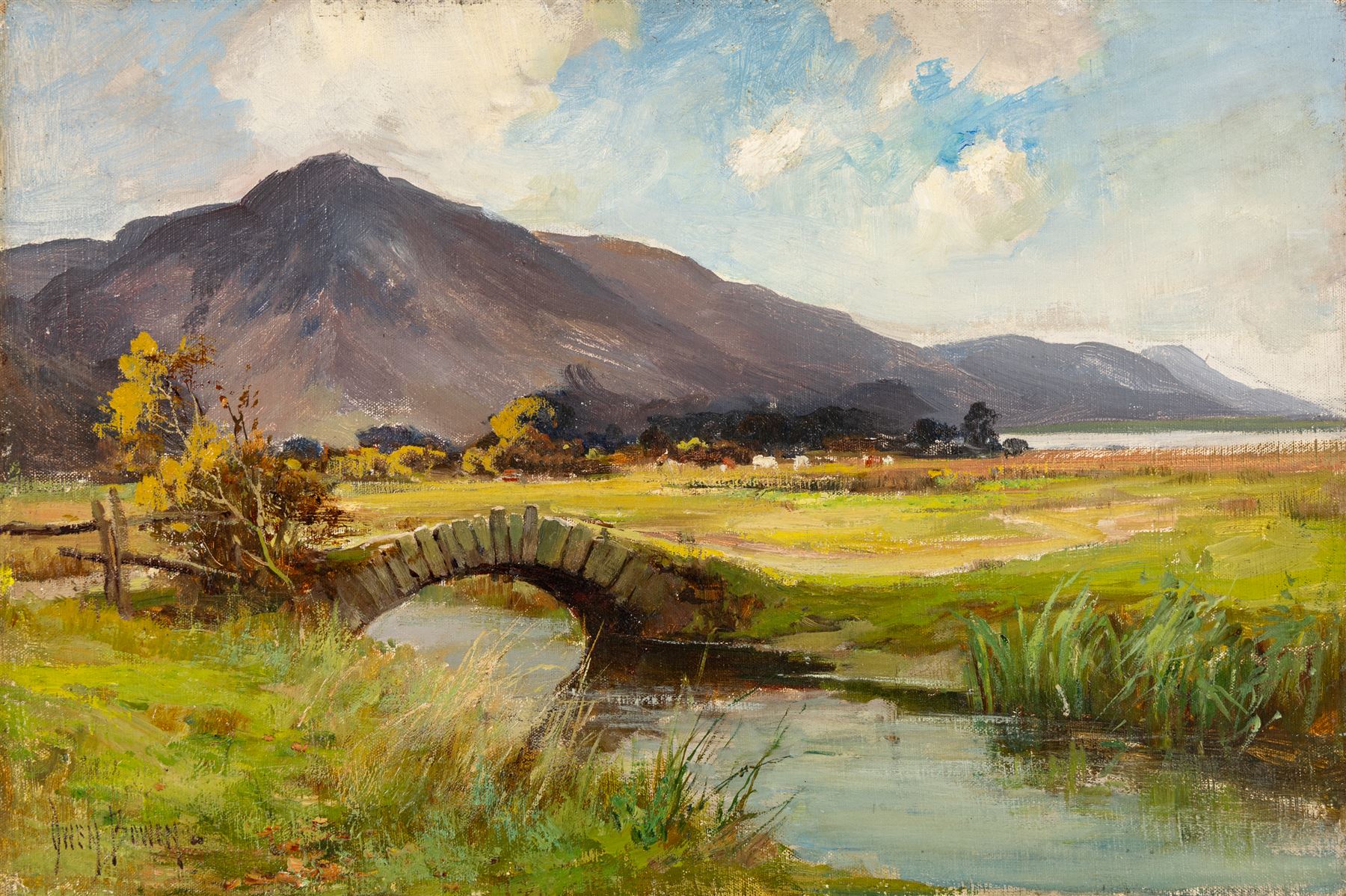 Owen Bowen (Staithes Group 1873-1967): Stone Bridge in the Lake District, believed to be Bassenthwaite, oil on canvas laid on to board signed 30.5cm x 45.5cm (unframed)