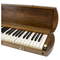 20th century-silent practice keyboard with a 5 octave compass C-C  (61 notes) with adjustable key weight adjustment, in an oak case. Possibly intended as an organists practise keyboard. 