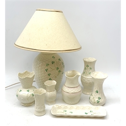 Belleek Basket-Weave table lamp decorated with shamrocks, H45cm (including shade) together with seven other pieces of Belleek 