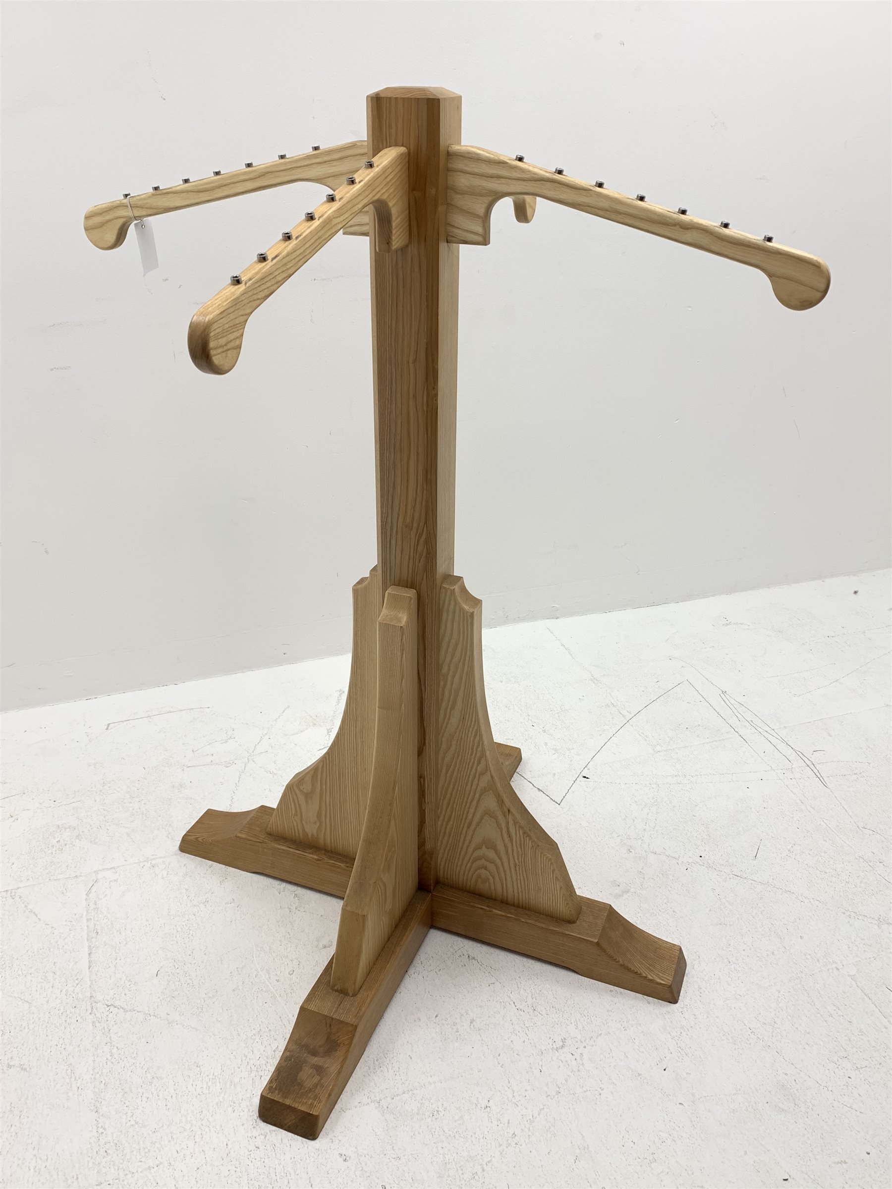 *Light ash wood clothes stand, four out splay branches, on cruciform base, H128cm, W100cm