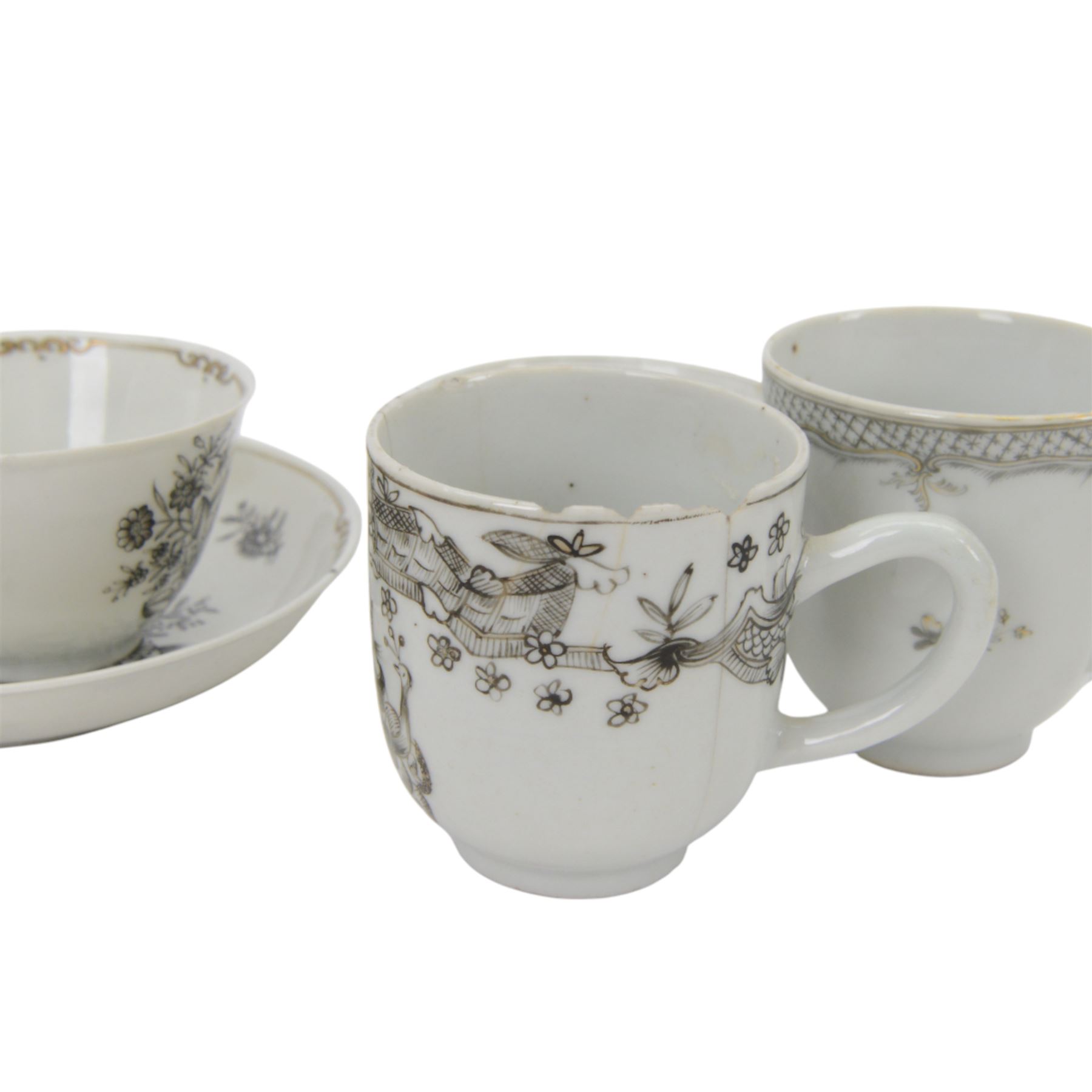 18th century Chinese export grisaille cup, decorated with Juno, the Roman Goddess of marriage together with another similar tea bowl and other grisaille decorated chinse ceramics