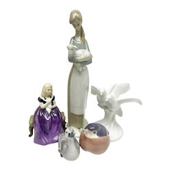 Two Royal Doulton Affection HN2236 and Images HN43550, together with Two Royal Copenhagen figures and Lladro figures 