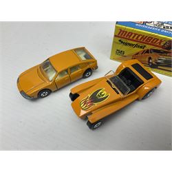 Matchbox 1-75 Series 'Superfast' ex-shop stock - eight models comprising 45c Ford Group 6, 52c Dodge Charge Mk.III, 53d Tanzara, 54c Ford Capri, 56c Pinifarina, 58d Woosh 'n' Push, 60c Lotus Super Seven and 62d Dragster; all boxed (8)