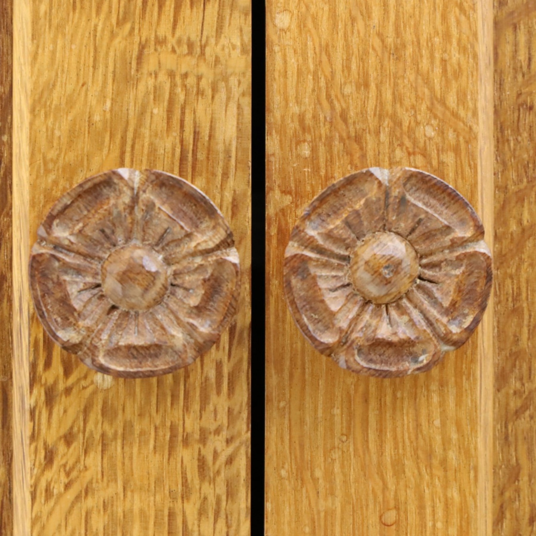 Lizardman - adzed oak media cabinet, adzed rectangular top above twin doors enclosing a shelved interior, above a fall front drawer, Yorkshire Rose carved handles, raised on castors, with carved lizard signature, by Derek Slater of Crayke  