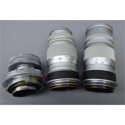  Ernst Leitz Elmar lenses - f=9cm 1:4 Nr.1081793, f=5cm 1:2.8 Nr.1635700 and 1:4/9 1712632,  all with Leica caps and in Leitz cases (3)  