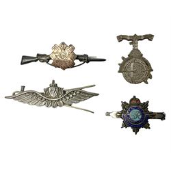 Popski's Private Army sterling silver cap badge; and two silver sweetheart brooches for Highland Light Infantry as a rifle and silver gilt Glengarry badge and Army Service Corps with blue enamel; and another silver badge (4)