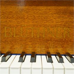 Julius Bluthner-light mahogany overstrung Baby Grand Piano serial No 118183 (1934), with a grand roller action, 88 ivory and ebony keys AO-C7, raised on three square tapered legs with brass castors, adjustable music desk and Lyre with sustain and una-corda pedals, recently (2007) thoroughly restored, case re-finished and polished, action completely overhauled and adjusted with good repetition, frame totally re-strung including copper wound bass strings, new tuning pins, hammer heads, dampers and traditional blue Bluthner string felt, in very good playing condition. With a matching adjustable piano stool fitted with a leather cover. Tuned to concert pitch, A=440.  Complete with key fall lock and key and three castor cups.
This item has been registered for sale under section 10 of the APHA Ivory Act, Reference X76CPCS8