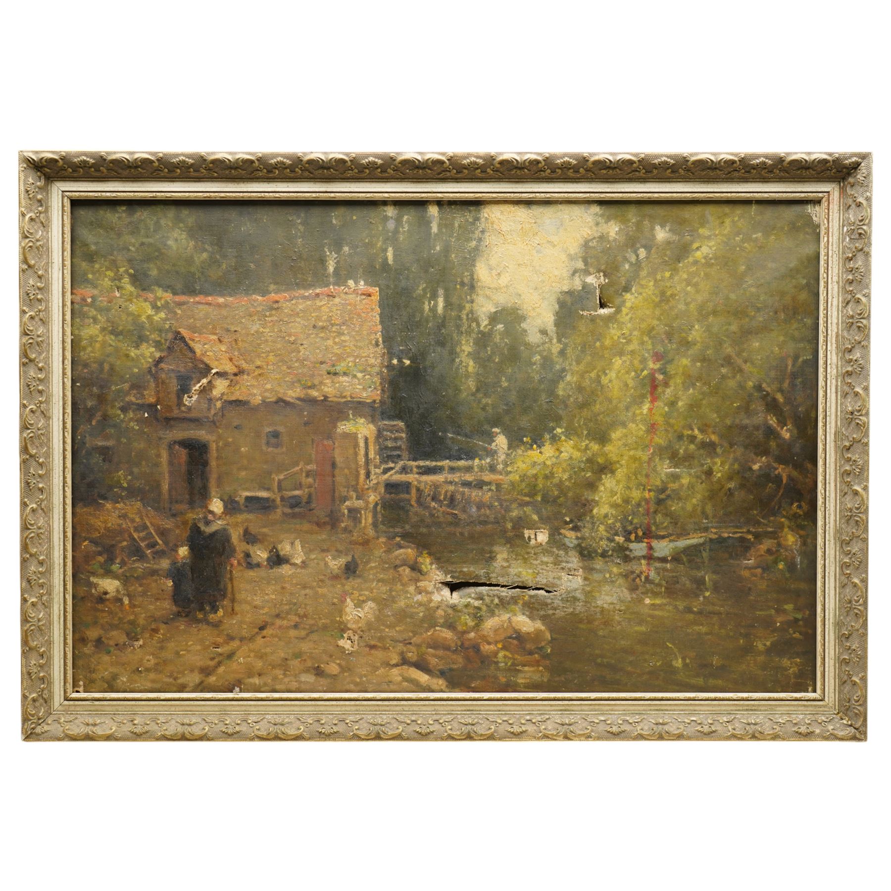 Circle of Frederic Stuart Richardson (Staithes Group 1855-1934): Feeding Chickens at the Old Mill, oil on canvas unsigned 49cm x 75cm