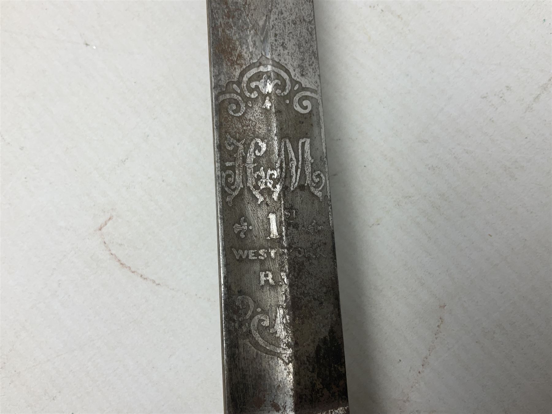 Victorian British Army officer's sword by Hobson & Sons Little Windmill Street London, the 82cm fullered steel blade etched with crowned Victoria cypher and 'HM 1st West York R.V.', lined gilded brass three-bar hilt incorporating Victoria cypher and wire-bound fish skin grip with plaited knot; in steel scabbard with two hanging rings L99cm overall