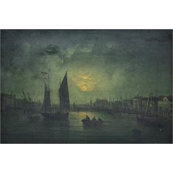 William Daniel Penny (British 1834-1924): Whitby Harbour by Moonlight, oil on canvas signed and dated '99, 22cm x 32cm
Notes: Penny was born in Caistor Lincolnshire but was listed in the Hull directories from 1869 as a Marine artist living in the City until the turn of the century when he became publican of the 'Artist's Rest' in Cross St., Aldborough, East Yorkshire