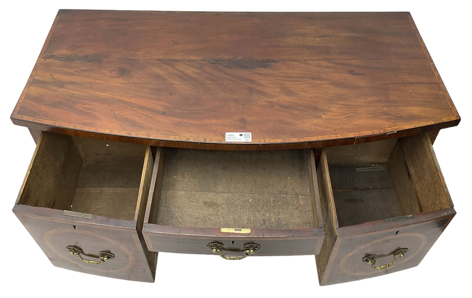 19th century inlaid mahogany bow-front sideboard, satinwood banded top over three drawers, on square tapering supports with spade feet