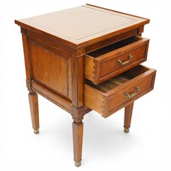 Willis & Gambier - pair of 'Directoire' cherry wood bedside tables, rectangular top with cock-beaded edge over two panelled facia drawers, raised on square turned and tapering supports on brass feet