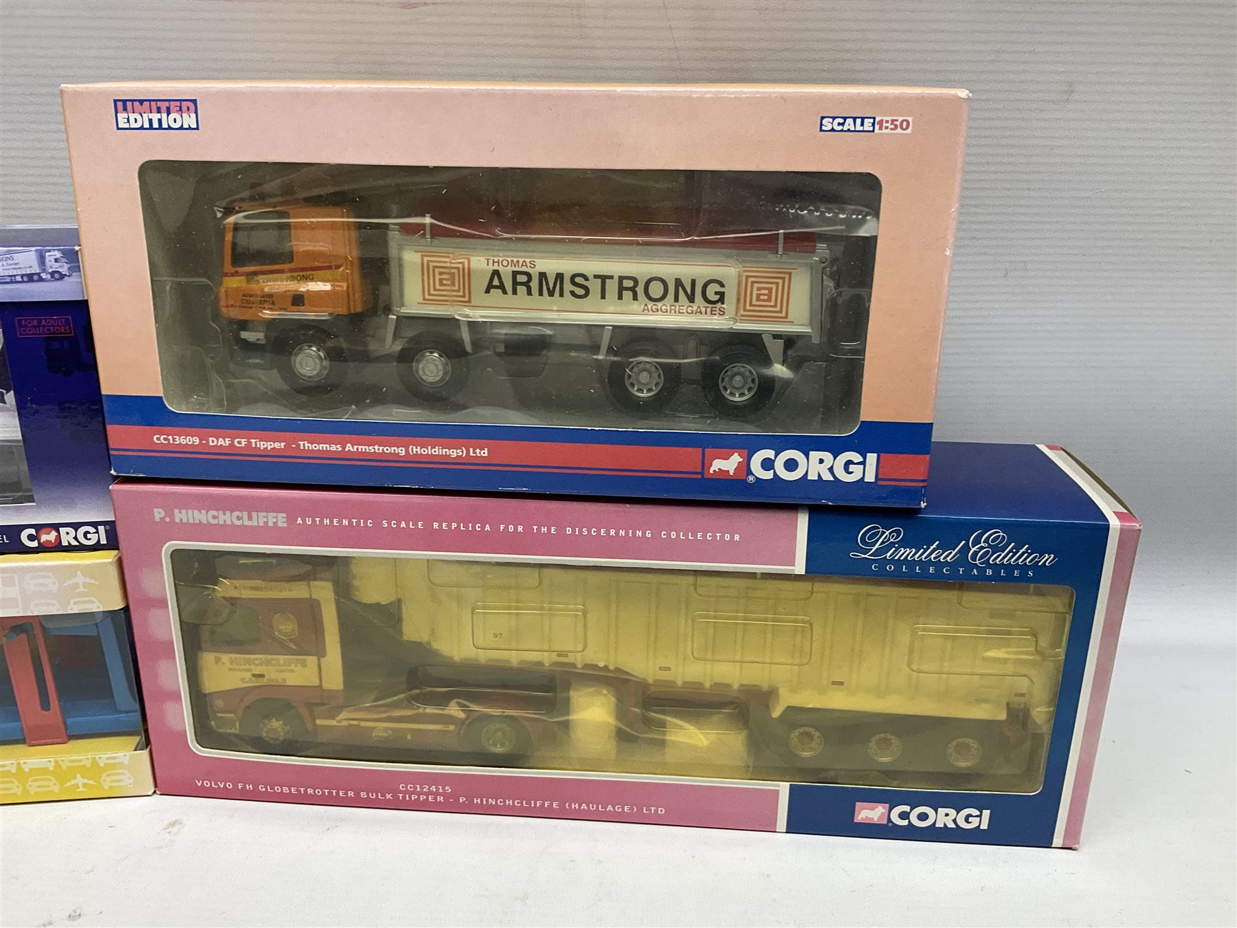 Corgi - nine lorries comprising CC13609 DAF CF Tipper Thomas Armstrong Holdings Ltd; CC12415 Volvo FH Globetrotter Bulk Tipper Hinchcliffe; CC11002 Thames Trader Luton Van Robson's of Carlisle; Hornby Car Transporter; and five Collector's Club Models; all boxed but three Club models in delivery packaging only (9)