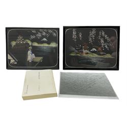 'A History of Kure'. Volume eight with Japanese text and photographic illustrations including Hiroshima; associated paperwork and provenance; and two ebonised framed Japanese painted and embroidered panels depicting Mount Fuji and bearing label verso 'Bought in Kure Hiroshima while serving Royal Navy 1946 S. Mason' 23 x 30cm