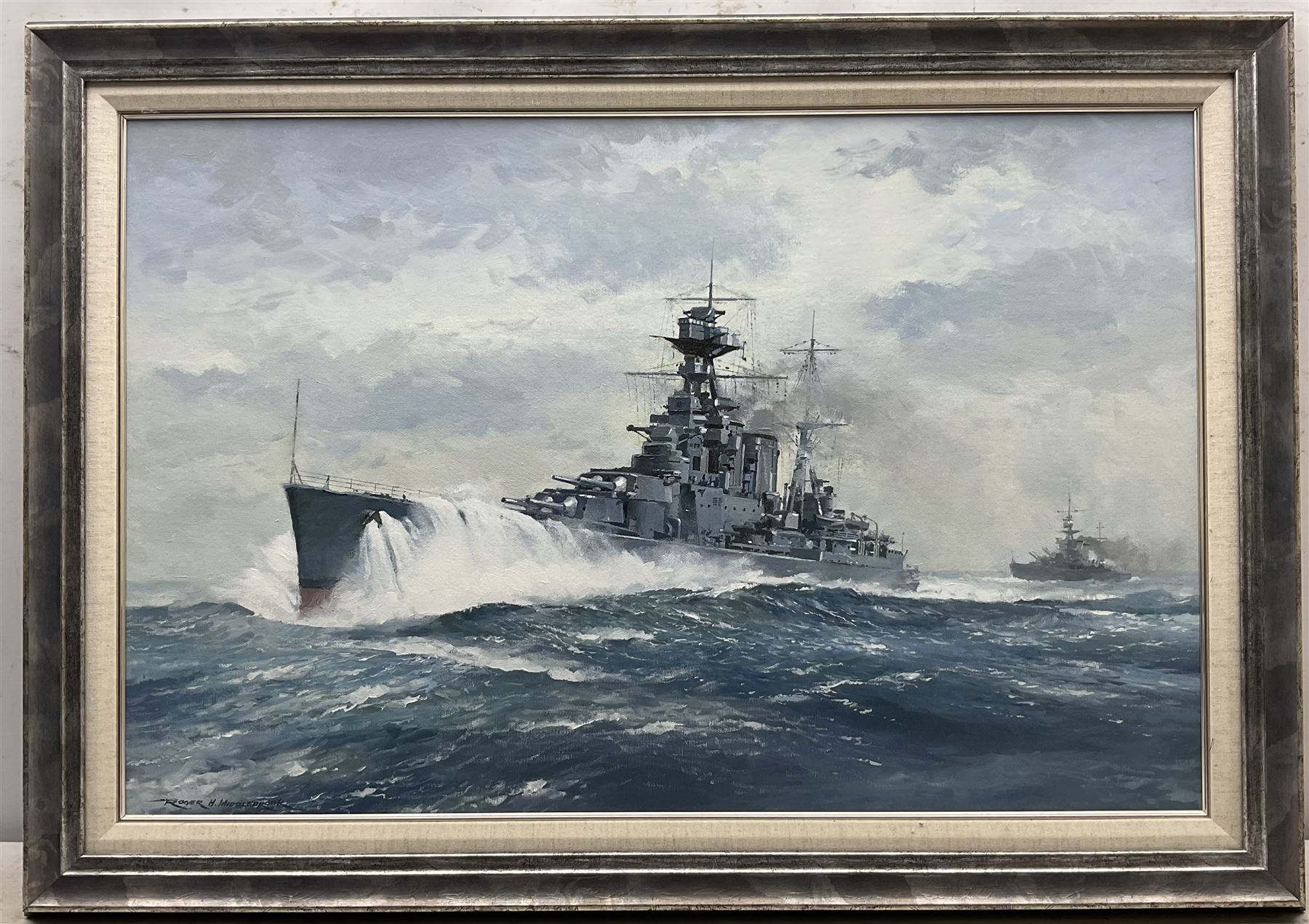 Roger H Middlebrook (British 1929 -): 'HMS Hood in Heavy Seas in the Atlantic', oil on board signed, titled verso 49cm x 74cm 
