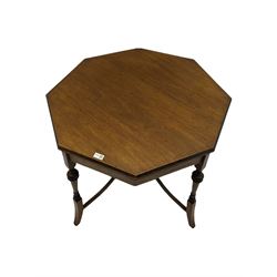 Edwardian inlaid walnut octagonal centre table, on turned pillars terminating at square tapering splayed feet, joined by undertier