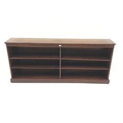 20th century mahogany open bookcase, dentil frieze, four adjustable shelves, platform base, W182cm, H78cm, D32cm