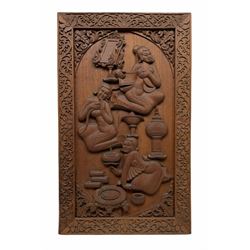 Eastern carved teak panel decorated with dancing figures, L49cm