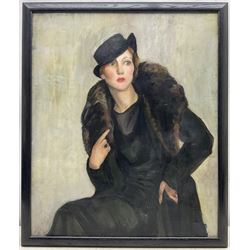 SEM (British early 20th century): Art Deco Portrait of a Lady, oil on canvas signed and dated 1934, 60cm x 50cm