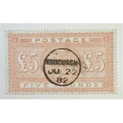 Great Britain Queen Victoria 1867-83 five pound orange stamp, with 'Edinburgh JU 22 82' postmark, previously mounted