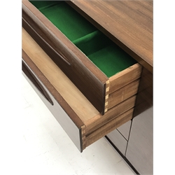 Elliotts of Newbury - 1960s teak sideboard, two double cupboard,  three central drawers, W186cm, H77cm, D45cm