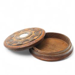 Salvaged oak snuff box, formed from a York Minster pillar, with repeating semi-circular decoration, with white metal cartouche with engraved initials, W9cm