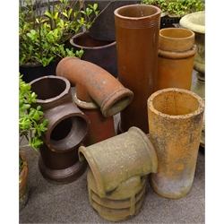  Three various chimney pots and a top, a large glazed pipe junction and pipe (H92cm max (6)  