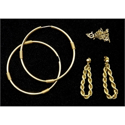  Pair of gold hoop earrings, pair of gold rope twist hoop earrings and a gold chain, all stamped 9K or hallmarked 9ct   