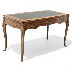 Late 19th century French kingwood and marquetry bureau plat, the serpentine rectangular to...
