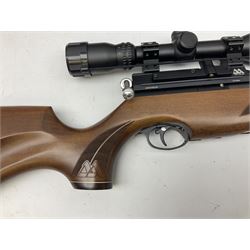 Air Arms Model S410F Classic .177 multi-shot compressed air rifle with bolt action, underside pressure gauge, chequered pistol grip, moderator and Hawke Sport HD 3-9x50 scope L112cm; in Anglo Arms camouflage sleeve with spares, tool kit, magazine and instruction manual
