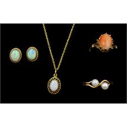 9ct gold jewellery including coral ring, opal pendant necklace, pair of opal stud earrings and a pearl ring