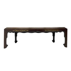 19th century rosewood opium table, rectangular top with moulded edge, the shaped apron dec...