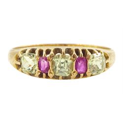 Victorian 15ct gold five stone chrysoberyl and ruby ring, Birmingham 1871