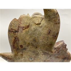 Goniatite sculpture, displaying two Goniatites within a polished and shaped matrix, age; Devonian period, H56cm