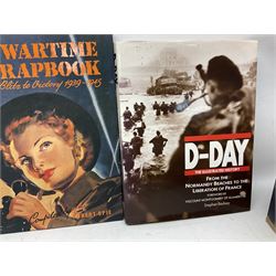 Thirty modern books of military interest including The Wartime Scrapbook 1939-1945; D-Day by Stephen Badsey; The D-Day Experience by Richard Holmes; Desert Rats by John Parker; A Most Secret Squadron by Des Curtis; Flying Colours - The Epic Story of Douglas Bader by Laddie Lucas etc; and quantity of DVDs of war and military interest